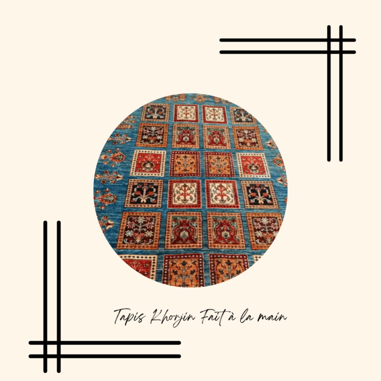 Tapis Fait main contemporain Khorjin fond bleu carrés de toutes les couleurs