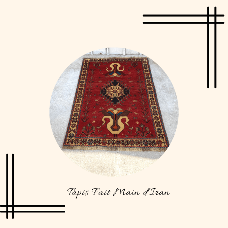 Tapis Fait Main Iranien à fond rouge et motif têtes de buffles pour la marque Interior'n co