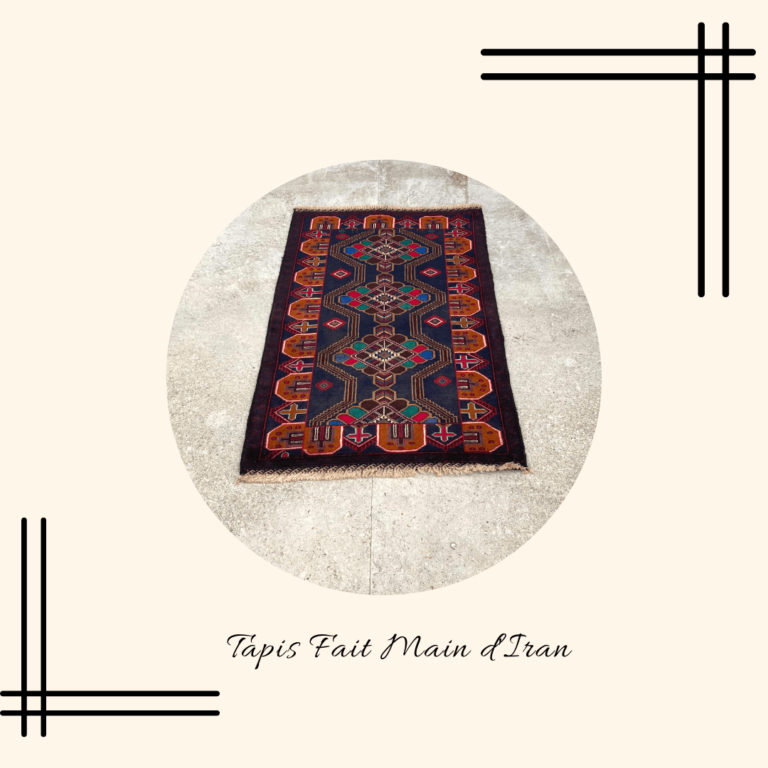 Tapis Fait Main d'Iran à fond noir, bordure rouge et motifs verts et rouges pour la marque Interior'n co